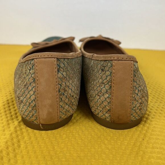 Born Carri Snakeskin Cork Tan Teal Bow Flats 6 - Picture 4 of 9